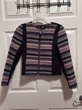 H&M Women's Purple Patterned Zip Jacket with Black Panels